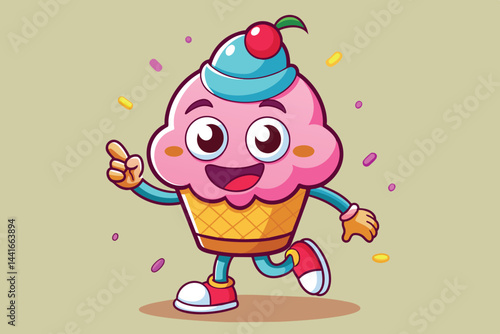 A delightful cartoon ice cream character with a cherry on top happily runs, waving and surrounded by colorful sprinkles in a cheerful atmosphere.