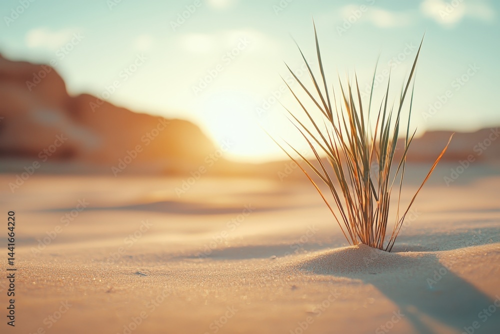A single tuft of grass grows in a sunlit desert, symbolizing resilience and life amidst arid sand dunes.