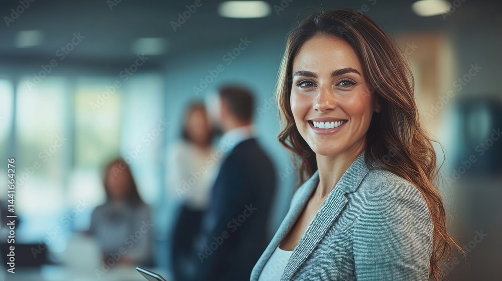 Obraz premium Confident businesswoman with long brown hair smiling in a modern office setting.