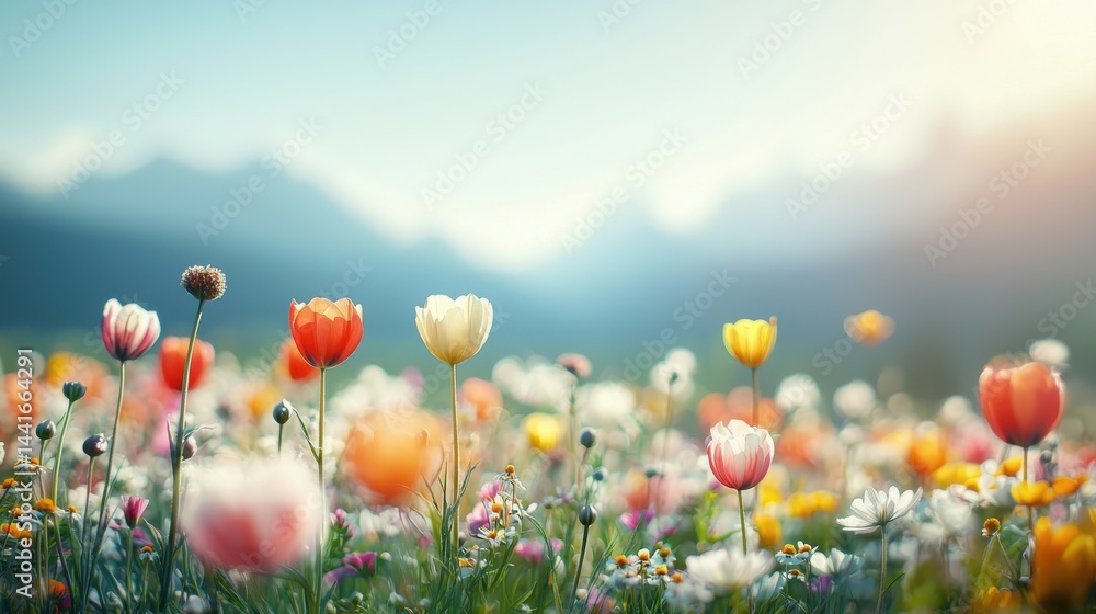 A vibrant field of colorful wildflowers blooming under clear sunlight with mountains softly blurred in the background.