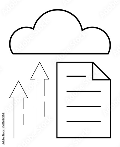 Cloud above document with three upward arrows symbolizing upload process. Ideal for data storage, file sharing, digital transfer, cloud systems, modern technology, information exchange, flat simple