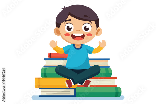 A young boy with a big smile sits cross-legged on a tall stack of vibrant books, celebrating his love for reading in a fun and animated way.