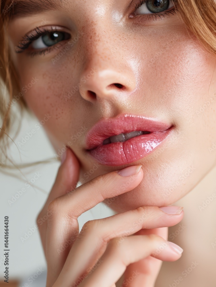 Obraz premium Close up Portrait of a Young Woman with Freckles and Pink Lips Gently Touching Her Chin