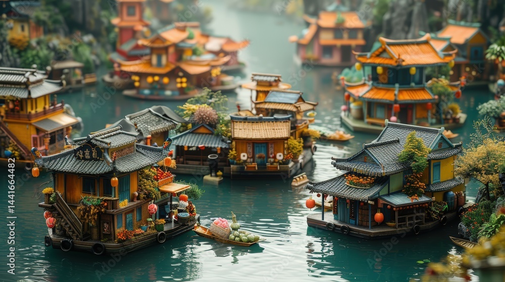 Obraz premium Idyllic floating houses in a peaceful canal, reflecting unique asian heritage