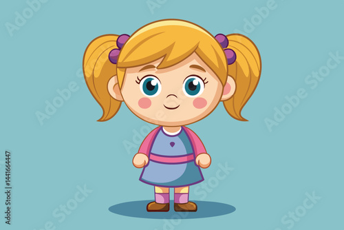 A cute animated girl with blonde hair styled in pigtails wears a vibrant dress and smiles warmly, bringing a friendly vibe to the simple blue backdrop.