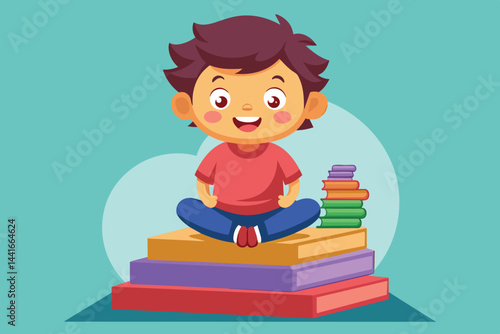 A joyful child sits cross-legged on a stack of vibrant books, surrounded by colorful books, embracing the joy of reading and learning in a playful setting.