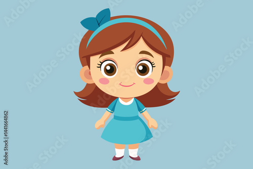 A cheerful animated girl stands confidently, wearing a blue dress and a matching headband. Her friendly expression and bright eyes convey joy and positivity.