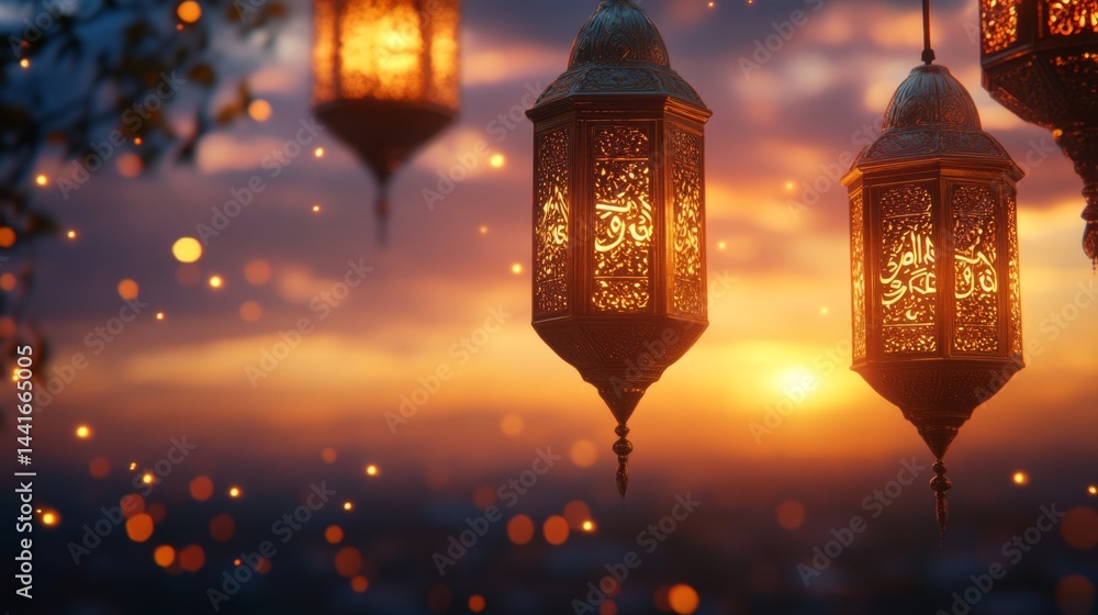 Obraz premium Evening lanterns illuminate the sunset cultural landscape digital artwork serene environment vibrant viewpoint