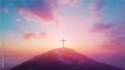 Vector illustration of Christian Crosse stand powerful symbol of Crucifixion on hill, commemorating sacrifice Jesus Christ, God love, spirit of Easter