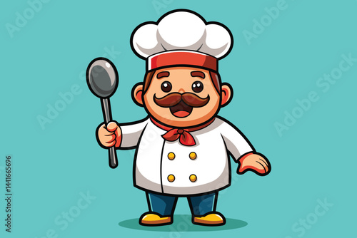 A cartoon chef smiles joyfully while holding a cooking spoon, dressed in a classic white chef's coat and tall hat, adding a touch of charm to the kitchen environment.
