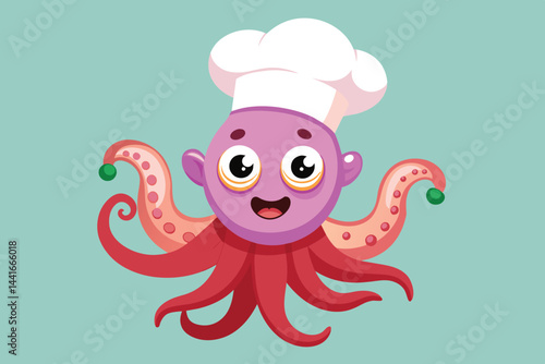 A joyful octopus in a chef's hat showcases its culinary skills with a warm smile, surrounded by a bright and inviting kitchen atmosphere filled with potential dishes.