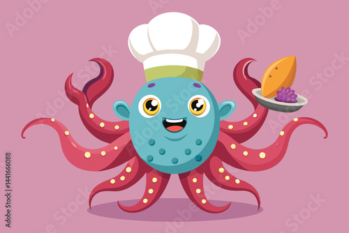 This whimsical octopus chef smiles brightly as it presents a plate of tasty food, showcasing its culinary flair against a fun pink backdrop.