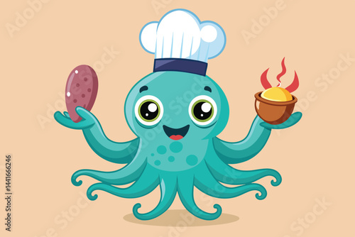 An adorable octopus dressed as a chef joyfully holds a potato in one tentacle and a bowl of hot food in the other, showcasing its culinary skills and playful personality.