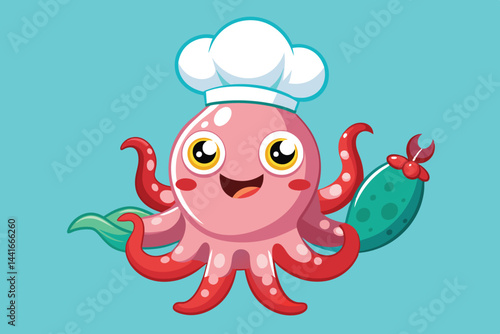 This playful octopus chef, wearing a white chef's hat, smiles widely while holding fresh vegetables, ready to cook in a vibrant kitchen environment.
