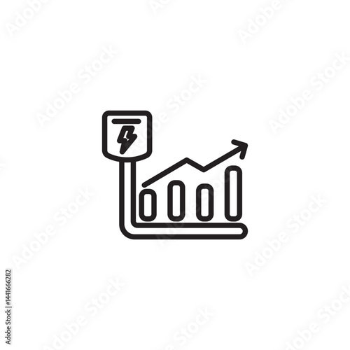 Rising electricity consumption icon. An outlet with a lightning bolt connects to an increasing bar graph with an upward arrow.