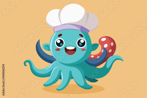 A vibrant cartoon octopus in a chef's hat smiles widely, showcasing its colorful tentacles and ready to create delicious dishes with playful enthusiasm.
