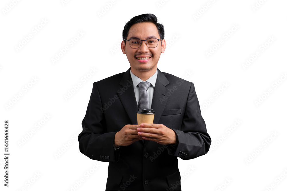 Happy Asian businessman in suit holding coffee cup and smiling, isolated on transparent background Happy Asian businessman in suit holding coffee cup and smiling, isolated on transparent background