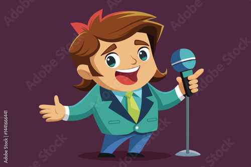 A joyful young character stands confidently on stage, holding a microphone, ready to entertain the audience with a lively performance.