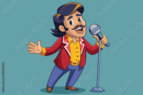 A cheerful animated character stands on stage, confidently singing into a microphone while dressed in a bright jacket and colorful shirt, bringing energy to the performance.