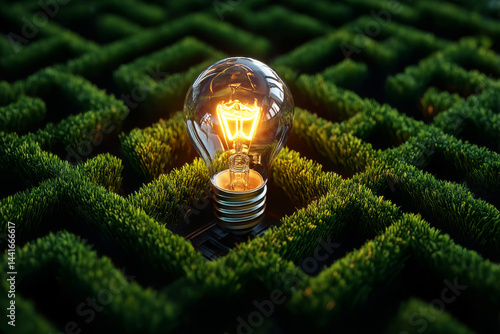 Illuminating the Labyrinth: An incandescent bulb illuminates a challenging maze, symbolizing the power of ideas and creative solutions in complex environments.