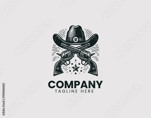Vintage Cowboy Hat and Crossed Revolvers Vector Logo