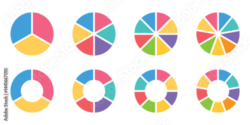 Pie charts diagrams. Different color circles. donut and pie chart infographic elements set. Colorful diagram collection with. Circle icons for infographic use. Vector illustration. EPS 10