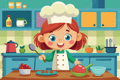 A young girl with a chef hat joyfully prepares a meal in a vibrant kitchen, holding a spoon and smiling as she chops fresh vegetables and fruits.