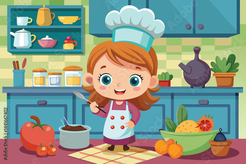 A young girl stands happily in a bright kitchen, holding a spoon in one hand while surrounded by fresh fruits, vegetables, and cooking pots, showcasing her culinary enthusiasm.
