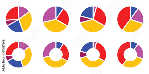 Collection of pie chart infographics featuring segmented circle diagrams, perfect for presentations, UI, web design, and data visualization. Vector graphic set.