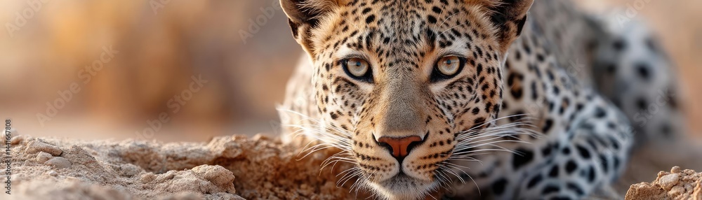 Obraz premium Endangered species lost in climate change chaos concept. Close-up of a leopard resting in its natural habitat.