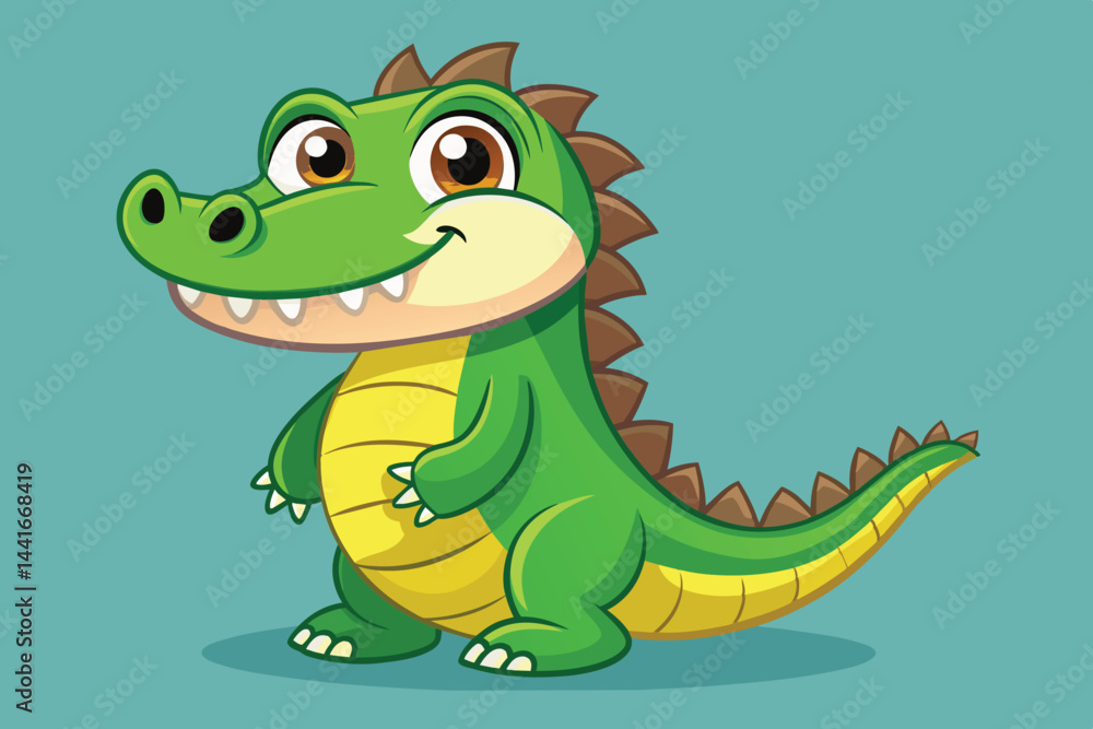 Obraz premium A cheerful cartoon crocodile with bright green scales and a toothy grin stands confidently, showcasing its playful character against a light blue backdrop.