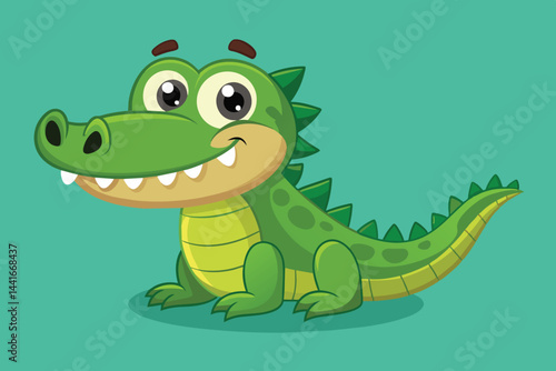 A cheerful cartoon crocodile is smiling adorably, featuring bright green skin and friendly eyes, set against a vibrant aqua background, perfect for kids' illustrations.