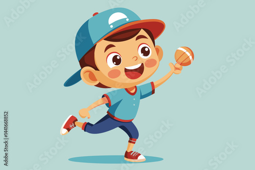 A joyful boy wearing a blue cap and shirt is running while holding a baseball. His excitement reflects a fun outdoor activity, capturing the spirit of childhood play.