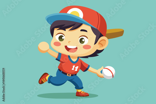 A playful boy with a bright smile is excitedly running while holding a baseball in his hand. He wears a red jersey and a cap, ready for an afternoon of fun.