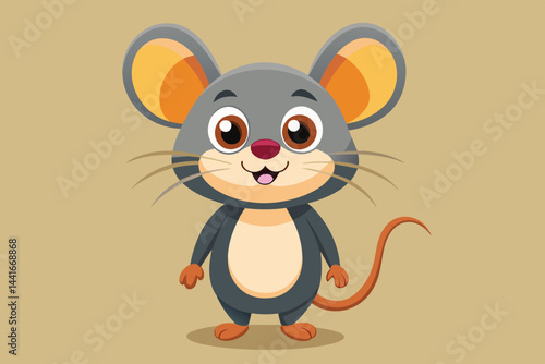 A cheerful cartoon mouse with large ears and bright eyes stands on a neutral background, exuding a playful spirit and inviting charm that captures attention.