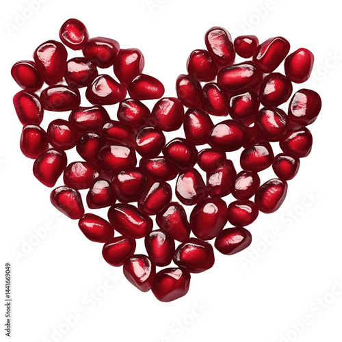 Pomegranate Heart: A heart shape made entirely of glistening, ruby-red pomegranate seeds, radiating passion and vitality, symbolizing love, health, and wellness.