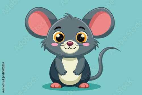 A cheerful cartoon mouse stands upright with large ears and bright eyes, displaying a friendly smile. The character's soft gray fur contrasts with its light-colored belly.