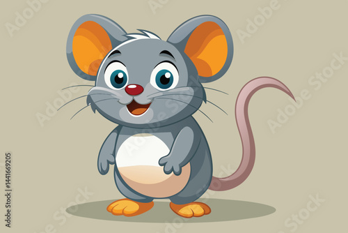 A joyful cartoon mouse with large expressive eyes and a smiling face poses playfully against a minimalist backdrop, showcasing its charming features and bright colors.
