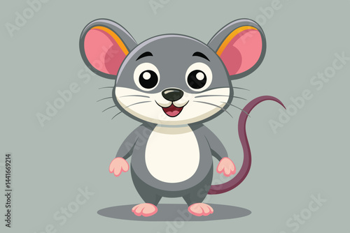 A friendly cartoon mouse stands with a bright smile, showcasing its large ears and round eyes, creating a playful and inviting atmosphere in a minimalistic setting.
