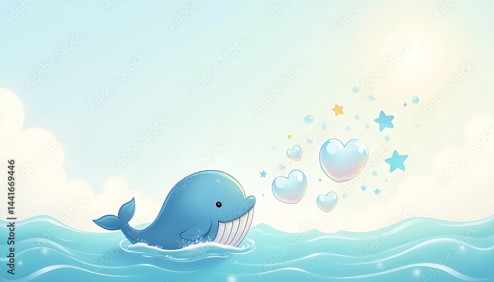 Naklejka premium Adorable blue whale creating a magical seascape filled with hearts and stars