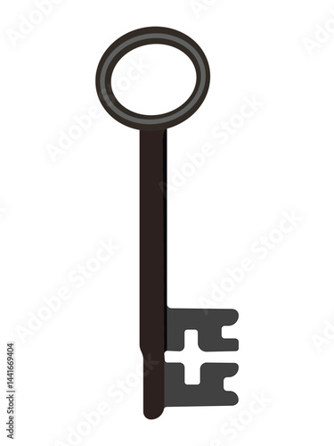 Vintage antique key with round top and intricate design isolated on white background