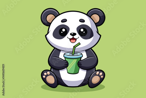 A cheerful cartoon panda is happily enjoying a drink with a straw while sitting comfortably on a bright green background, radiating a joyful vibe.