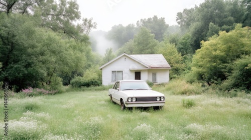 Wallpaper Mural A weathered white car in front of a small, white house, surrounded by a foggy forest Torontodigital.ca