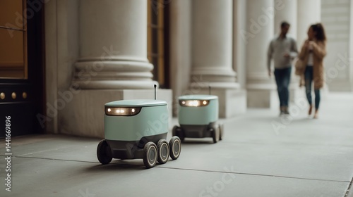 Autonomous delivery robots navigating urban landscape with pedestrians passing by