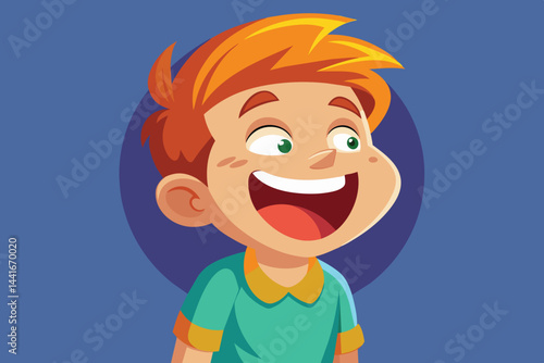 A cheerful boy with bright orange hair is smiling widely, showcasing his happiness. He is wearing a green shirt with yellow accents, set against a blue backdrop.