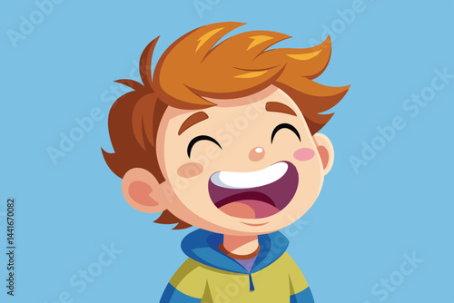 A joyful young boy with tousled brown hair is laughing happily, showcasing his bright smile. He wears a colorful hoodie against a vibrant blue backdrop.