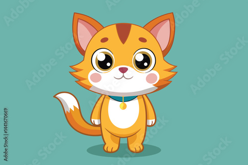 This adorable cartoon cat stands cheerfully with large eyes and a playful expression, featuring a bright orange color with white accents and a collar to highlight its charm.