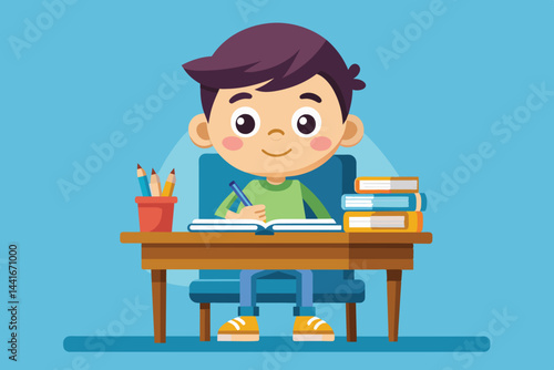 A young boy with a joyful expression sits at a wooden desk, focused on his studies with books stacked nearby and stationery in a bright pot.