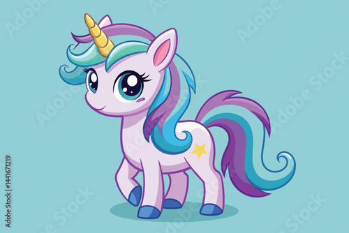 A cute cartoon unicorn stands with a friendly expression, featuring a colorful mane and sparkling horn. This charming character exudes a whimsical and playful vibe.