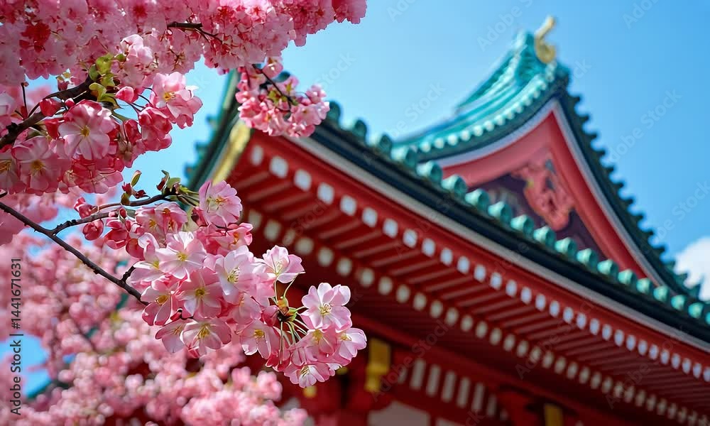 Blooming Cherry Blossoms Against a Traditional Red Roofed Japanese Temple Under a Blue Sky in Springtime Blooming Cherry Blossoms Against a Traditional Red Roofed Japanese Temple Under a Blue Sky in Springtime